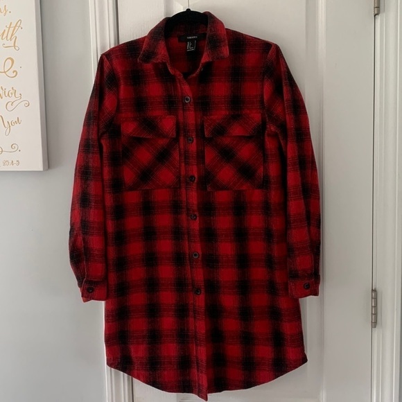 Forever 21‎ Buffalo Plaid Red/black long sleeve Flannel Tunic shirt jacket S - Picture 2 of 10